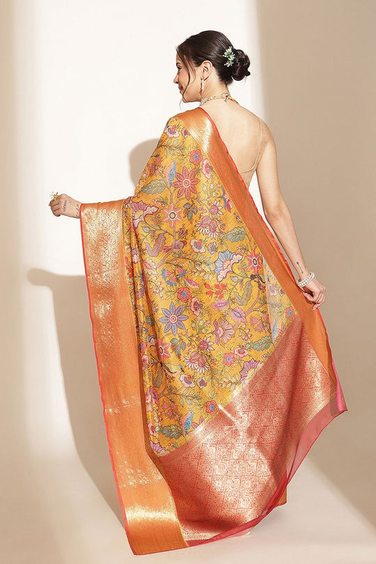 Ella Mustard Soft Silk Kalamkari Printed Ready to Wear Saree