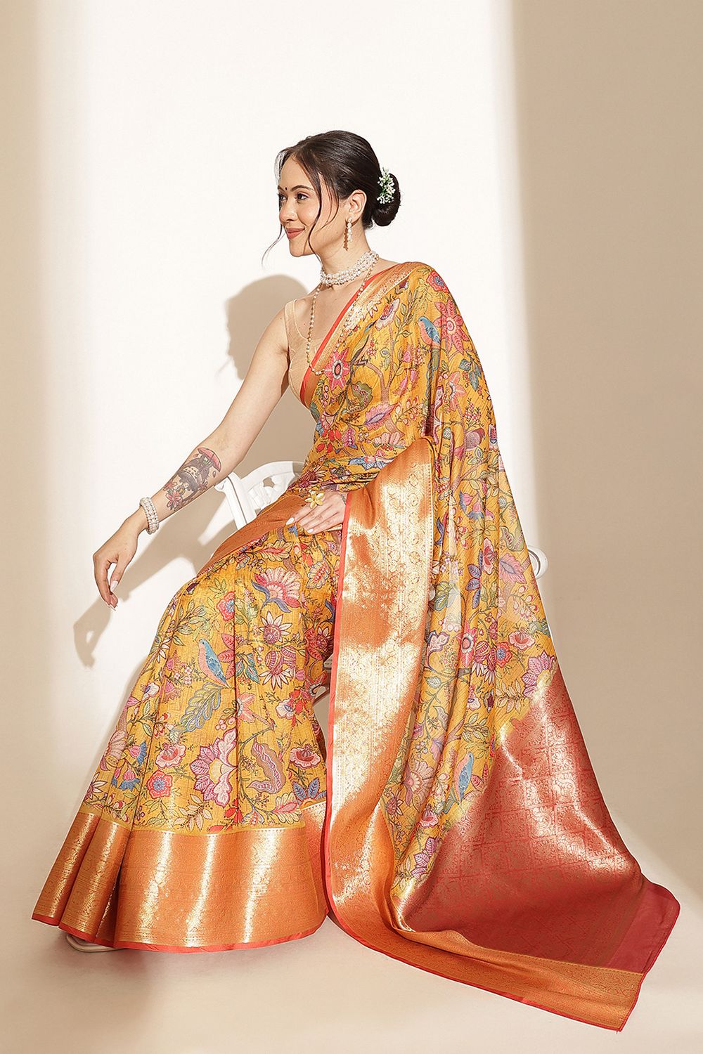 Ella Mustard Soft Silk Kalamkari Printed Ready to Wear Saree