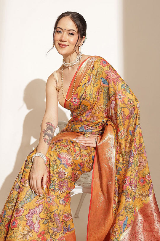 Ella Mustard Soft Silk Kalamkari Printed Ready to Wear Saree