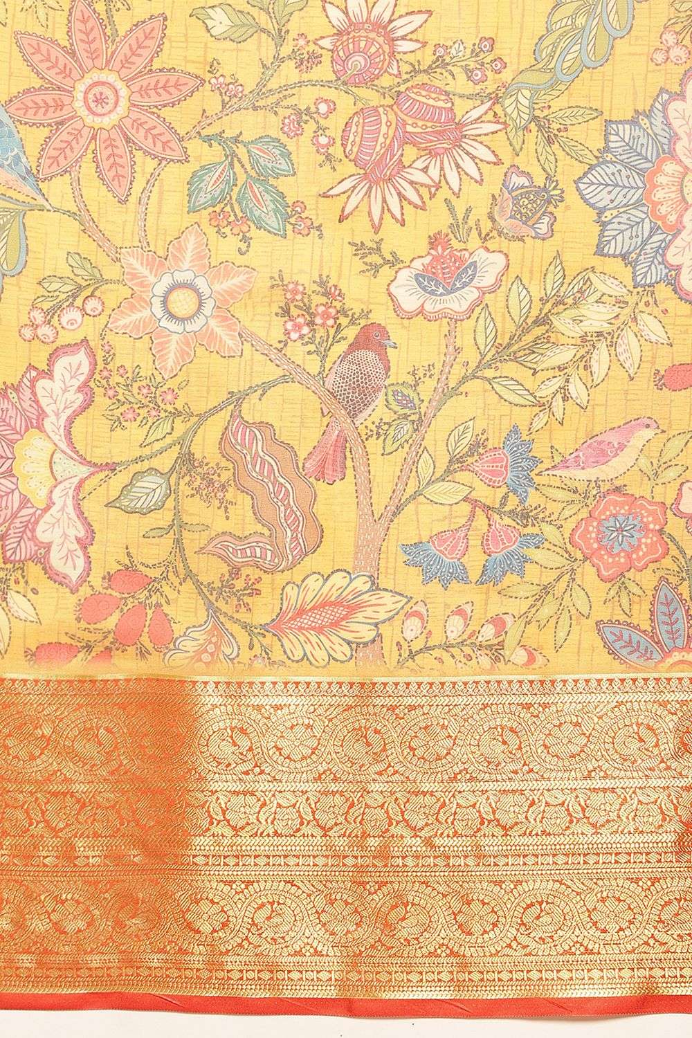 Ella Mustard Soft Silk Kalamkari Printed Ready to Wear Saree