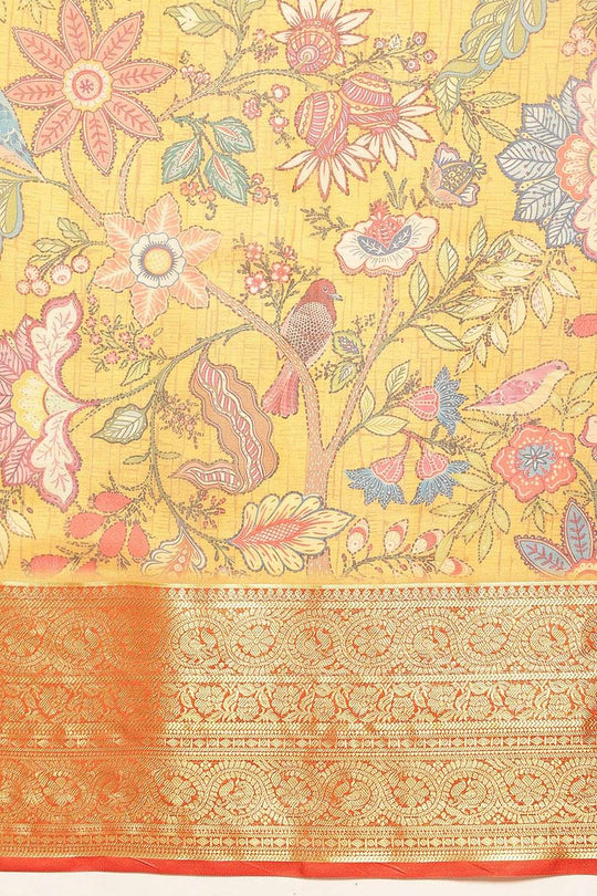 Ella Mustard Soft Silk Kalamkari Printed Ready to Wear Saree