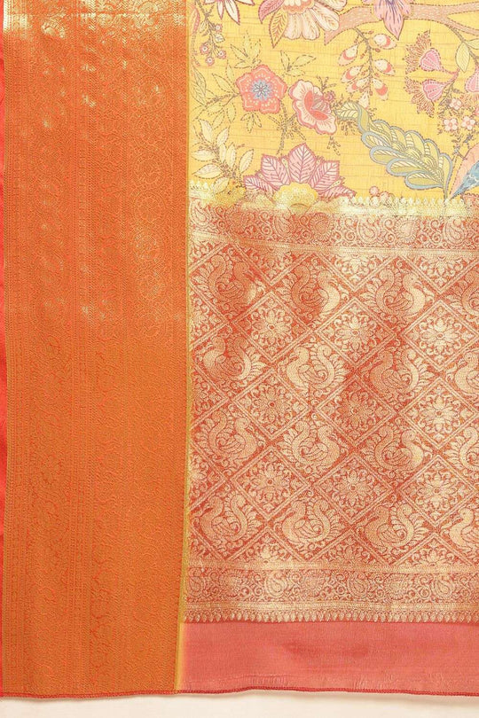 Ella Mustard Soft Silk Kalamkari Printed Ready to Wear Saree