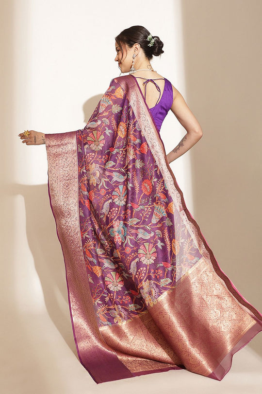 Rosa Purple Soft Silk Kalamkari Printed Ready to Wear Saree
