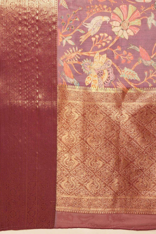 Rosa Purple Soft Silk Kalamkari Printed Ready to Wear Saree