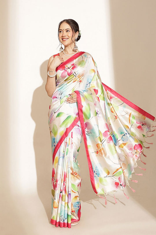 Megha Cream Soft Silk Floral Printed Ready to Wear Saree
