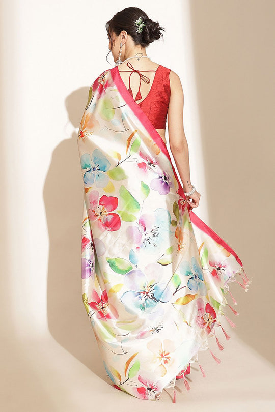 Megha Cream Soft Silk Floral Printed Ready to Wear Saree