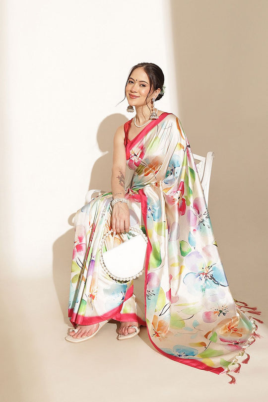Megha Cream Soft Silk Floral Printed Ready to Wear Saree