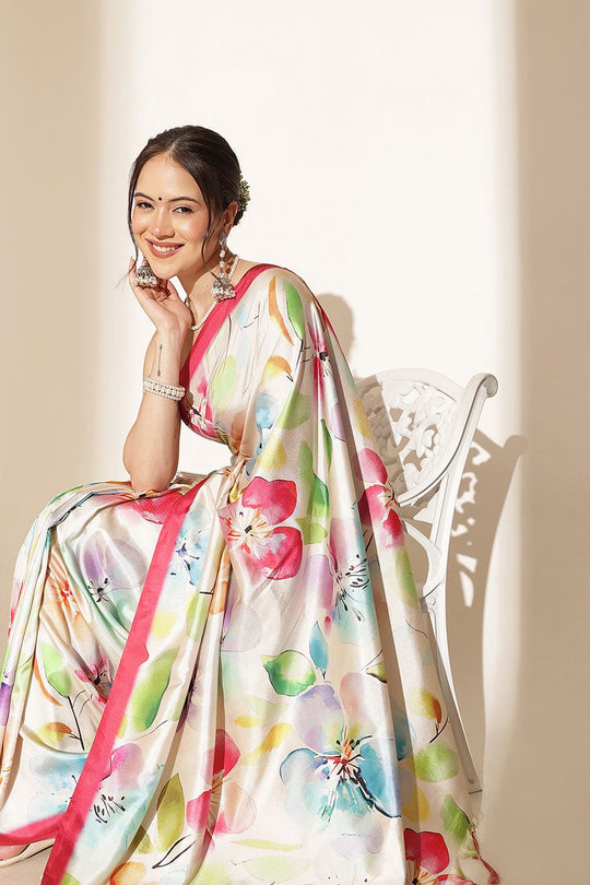 Megha Cream Soft Silk Floral Printed Ready to Wear Saree