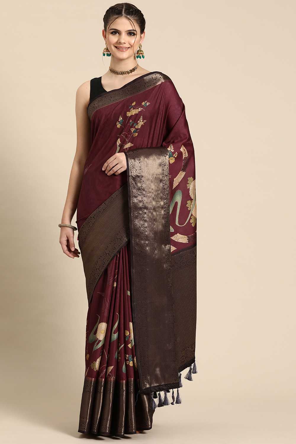 Ruhi Wine Kanchipuram Silk Floral Digital Printed Ready to Wear One Minute Saree