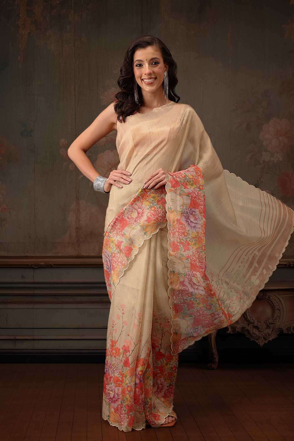 Anise Beige Tissue Floral Digital Printed Ready to Wear One Minute Saree