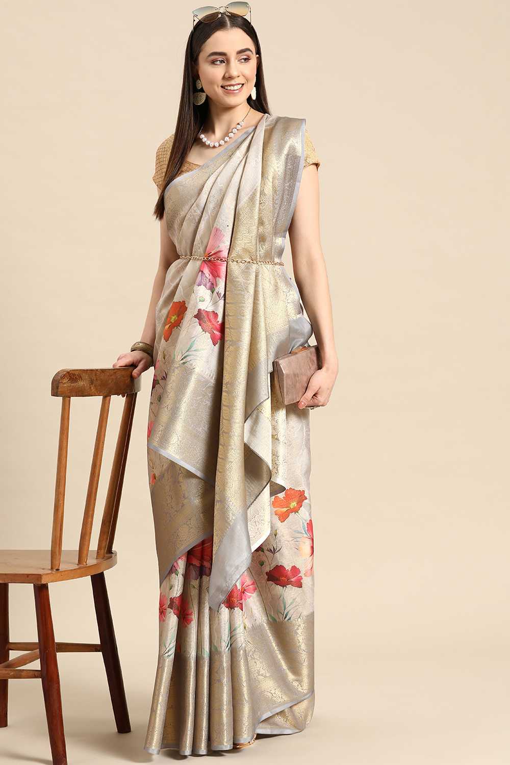 Anise Grey Tissue Floral Digital Printed Ready to Wear One Minute Saree