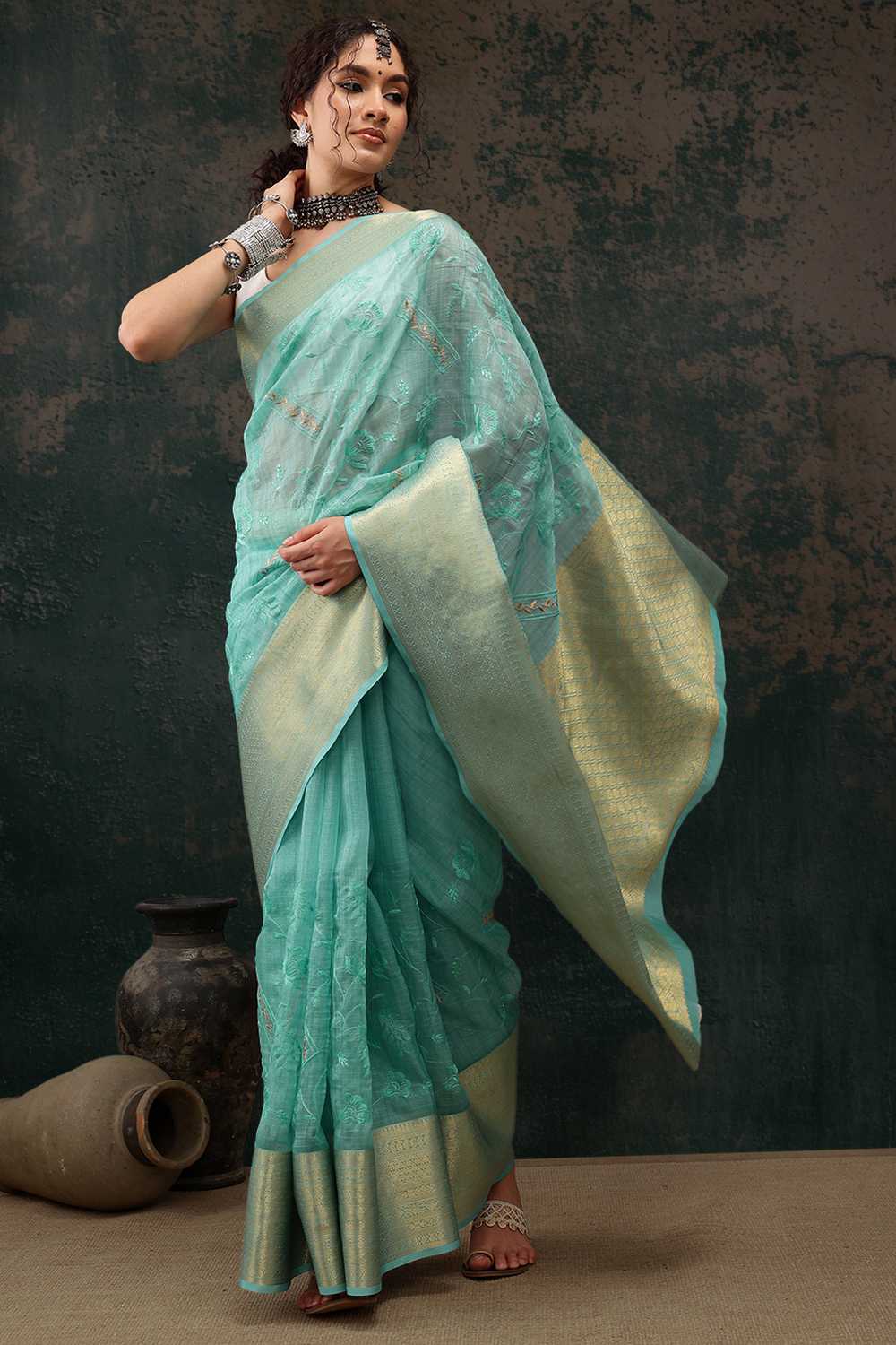 Diana Teal Kota Doria Floral Embroidered Ready to Wear One Minute Saree