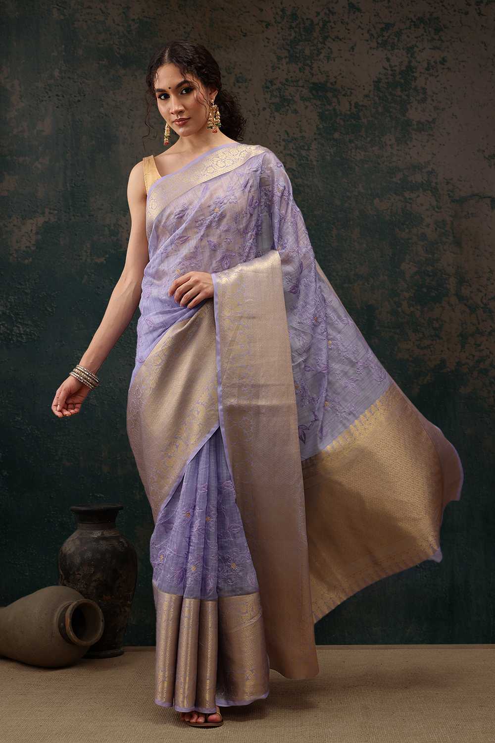 Diana Lavender Kota Doria Floral Embroidered Ready to Wear One Minute Saree