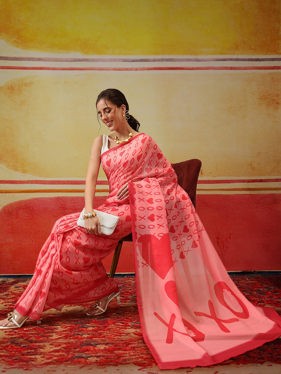 Eva Pink Mul Cotton Abstract Digital Printed Ready to Wear One Minute Saree