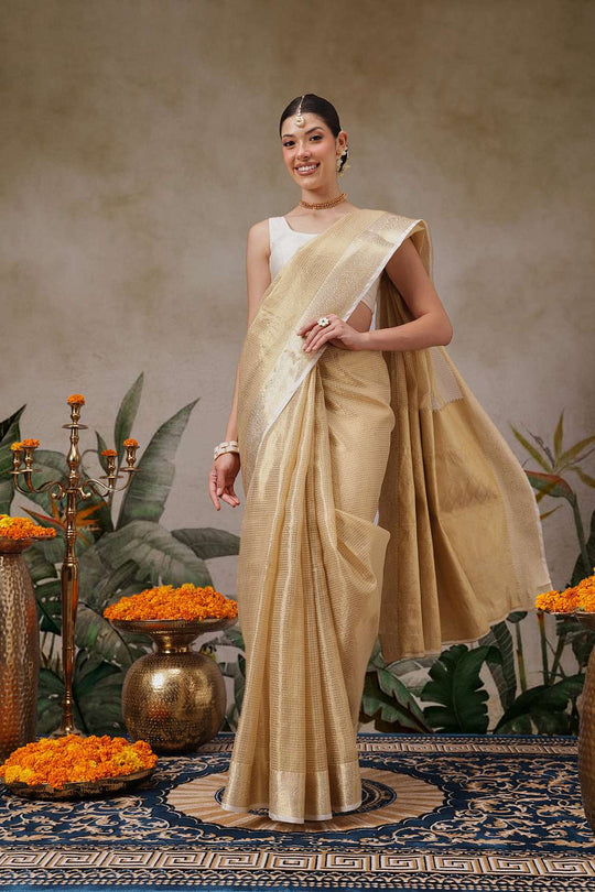 Ani Beige Muga Tissue Woven Ready to Wear One Minute Saree
