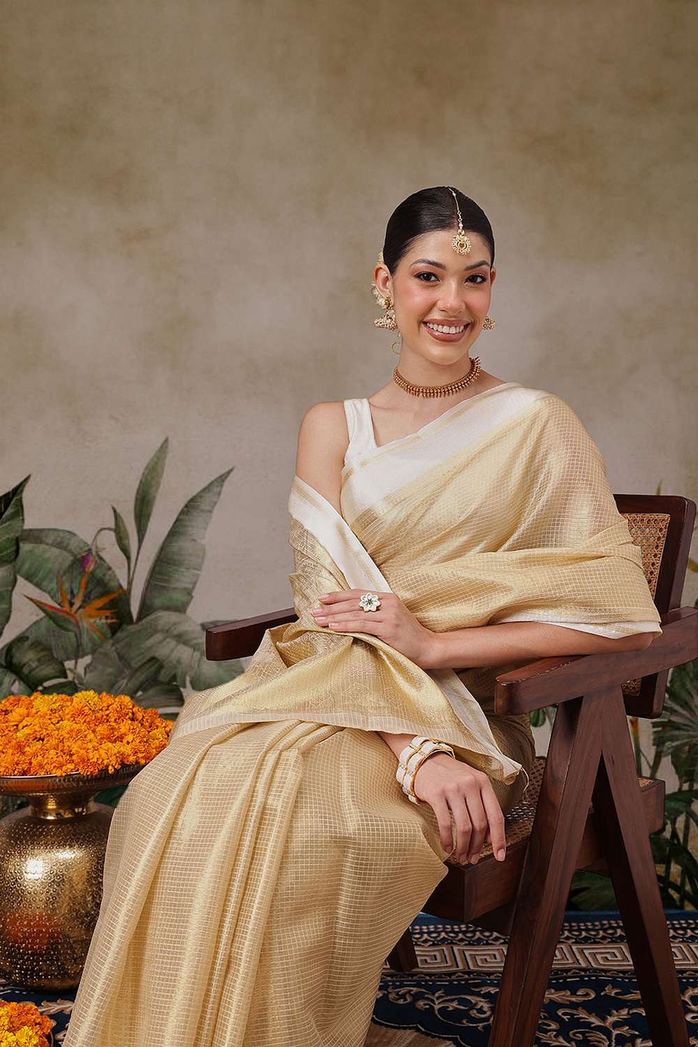 Ida Beige Muga Tissue Woven Ready to Wear One Minute Saree