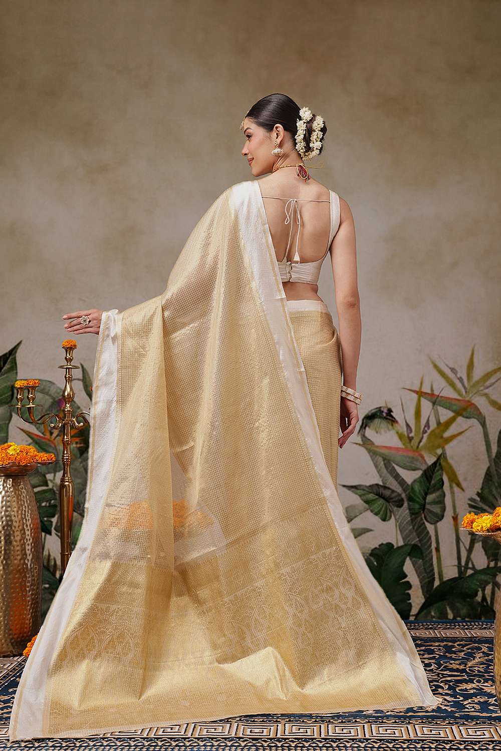 Ida Beige Muga Tissue Woven Ready to Wear One Minute Saree