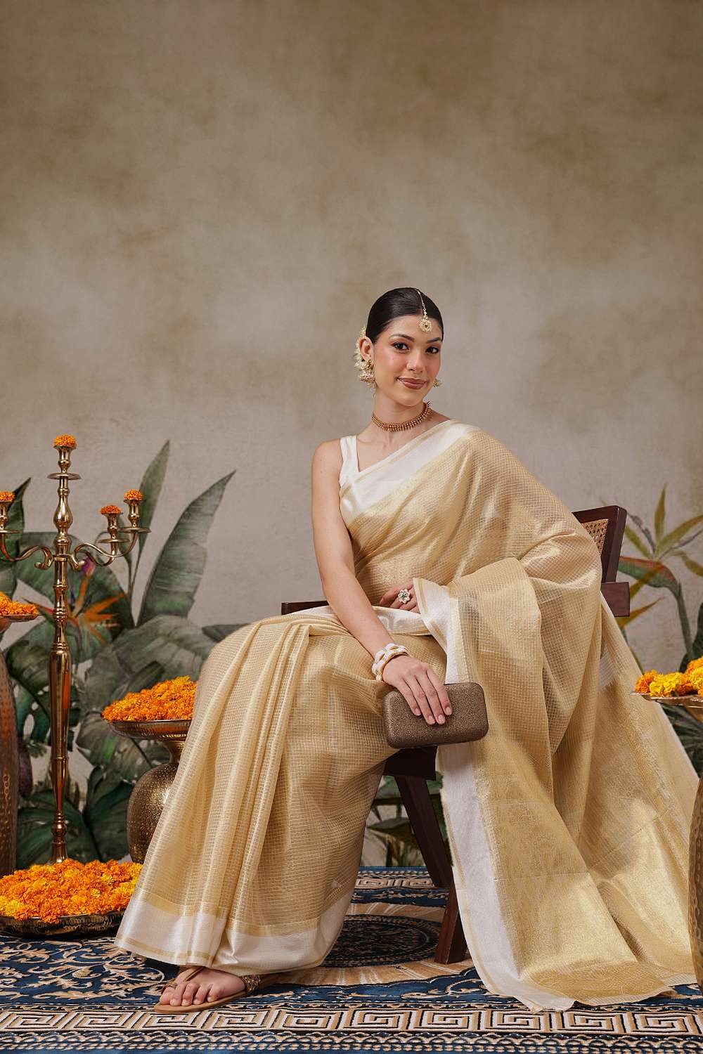 Ida Beige Muga Tissue Woven Ready to Wear One Minute Saree