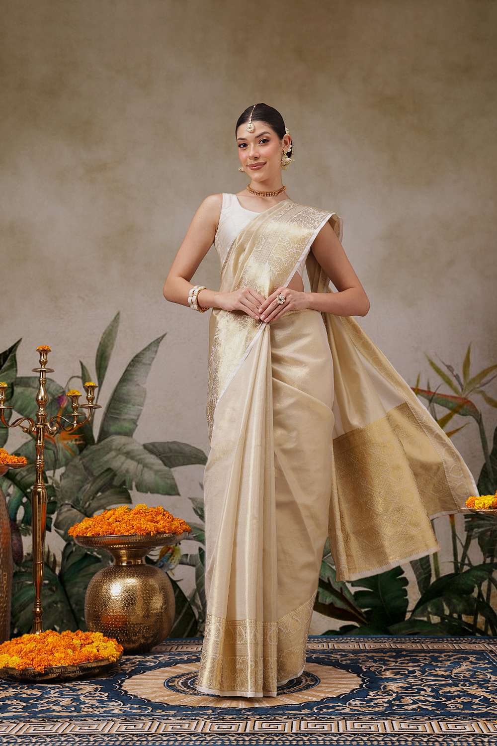 Joy Beige Tissue Woven Ready to Wear One Minute Saree
