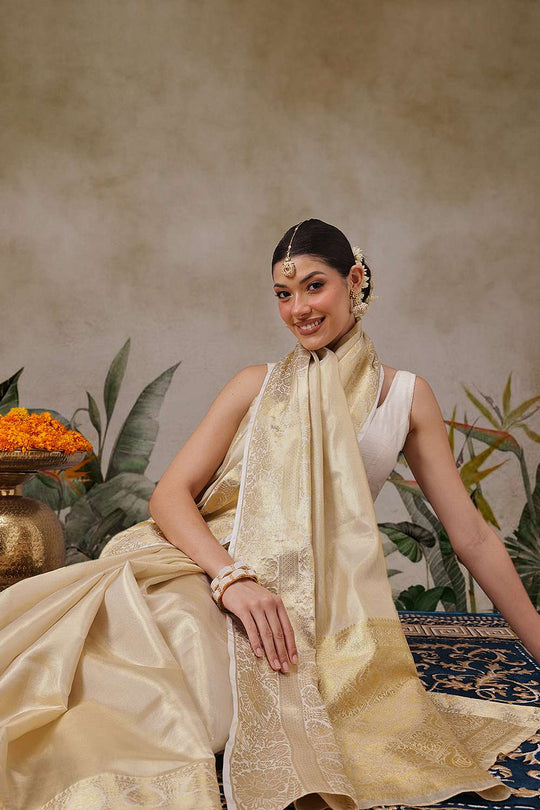 Joy Beige Tissue Woven Ready to Wear One Minute Saree
