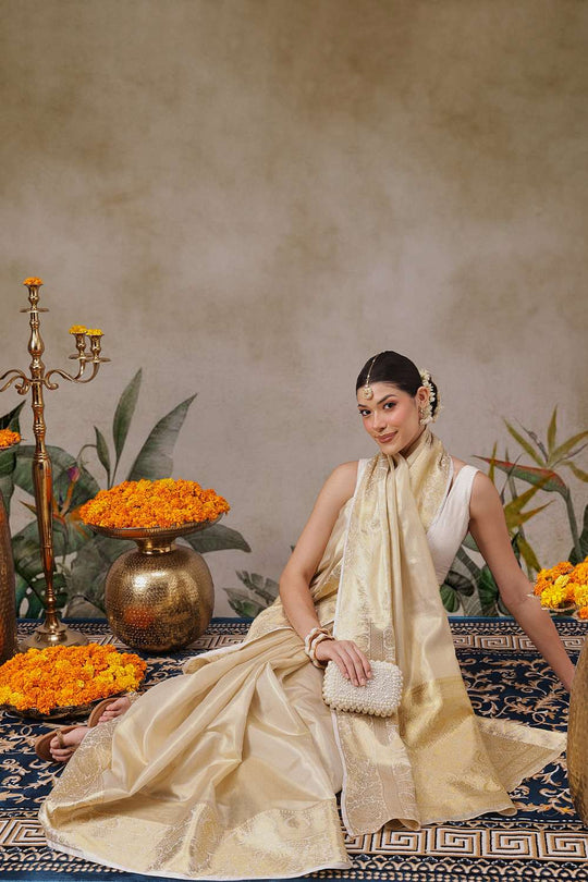 Joy Beige Tissue Woven Ready to Wear One Minute Saree