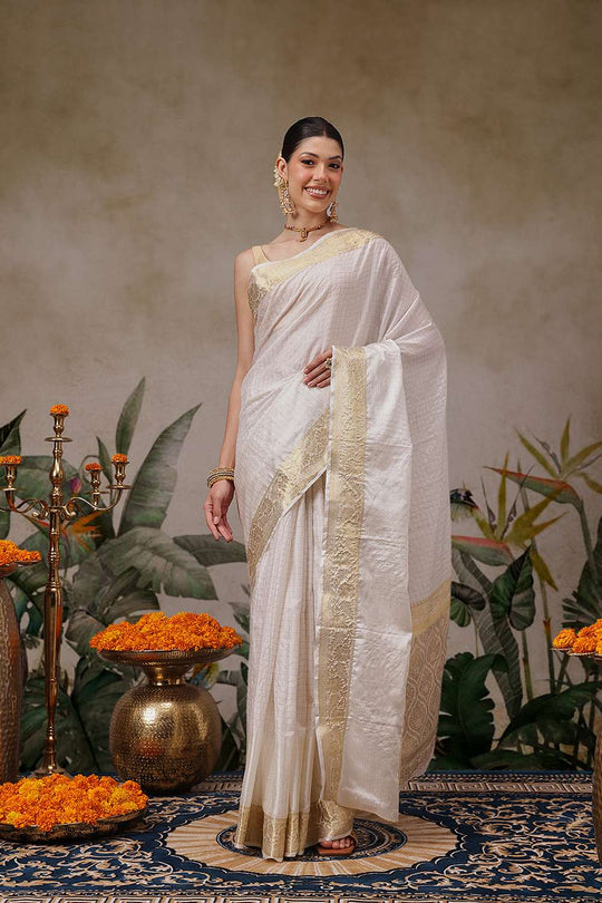 Leana Off White Soft Silk Woven Ready to Wear One Minute Saree