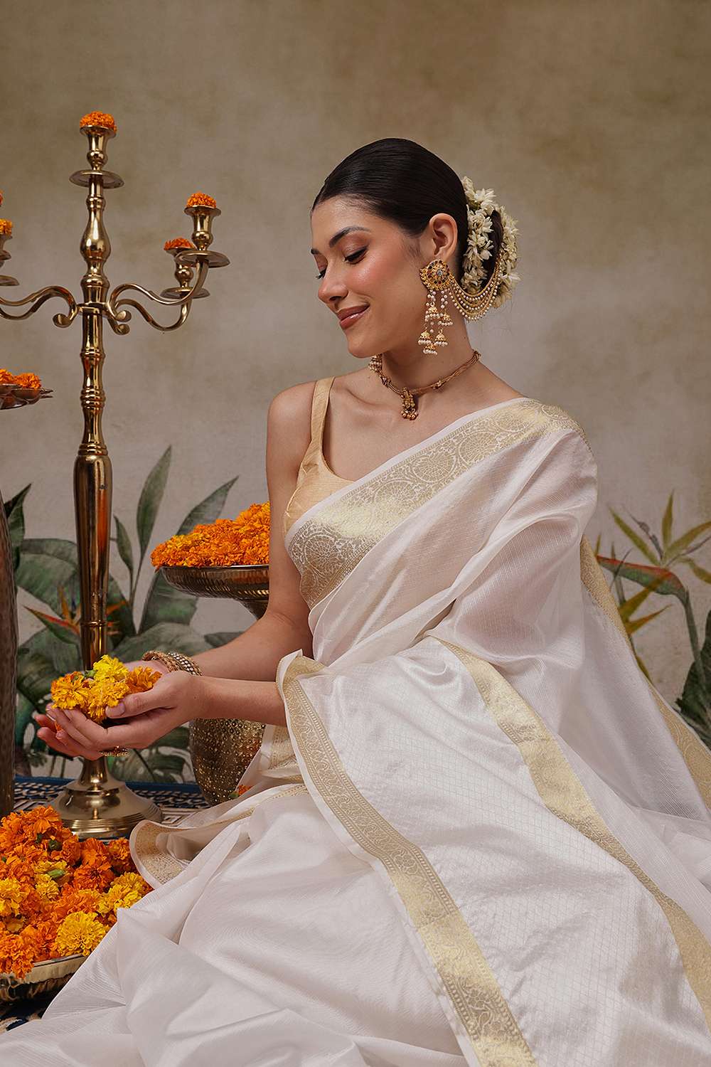 Uri Off White Muga Silk Woven Ready to Wear One Minute Saree