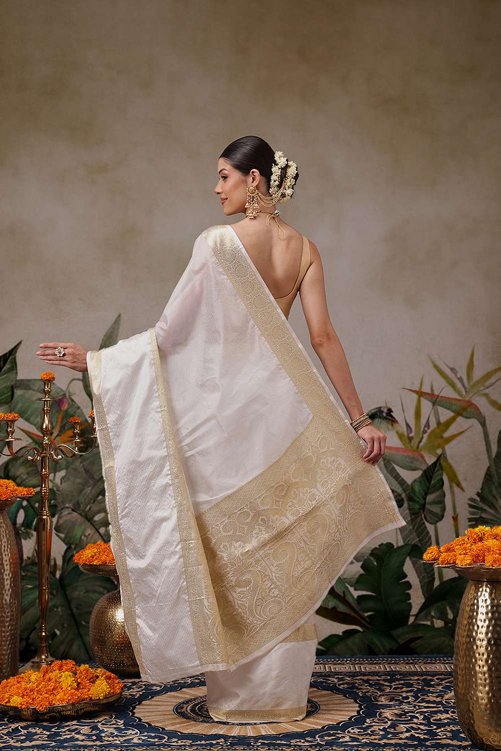 Uri Off White Muga Silk Woven Ready to Wear One Minute Saree