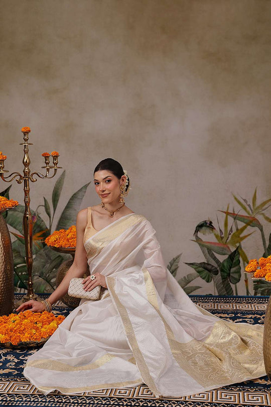 Uri Off White Muga Silk Woven Ready to Wear One Minute Saree