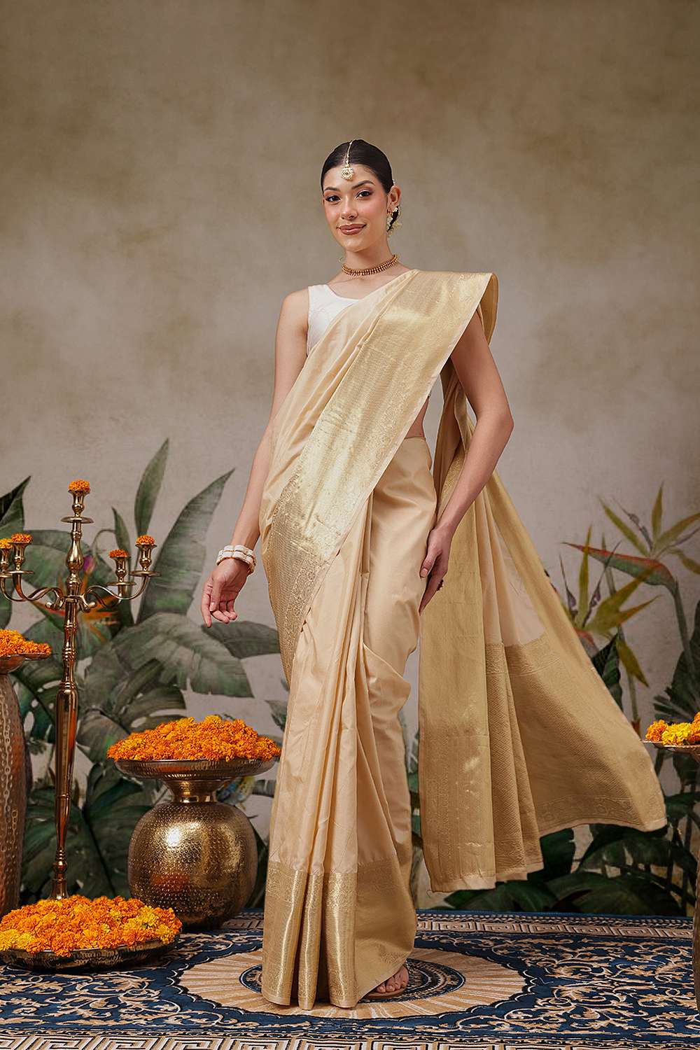 Avni Beige Soft Silk Woven Ready to Wear One Minute Saree