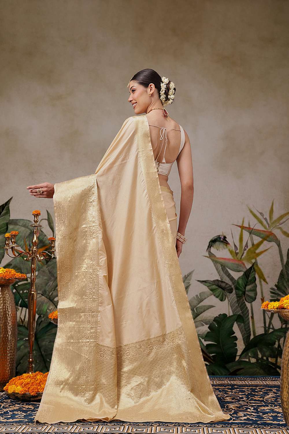 Avni Beige Soft Silk Woven Ready to Wear One Minute Saree