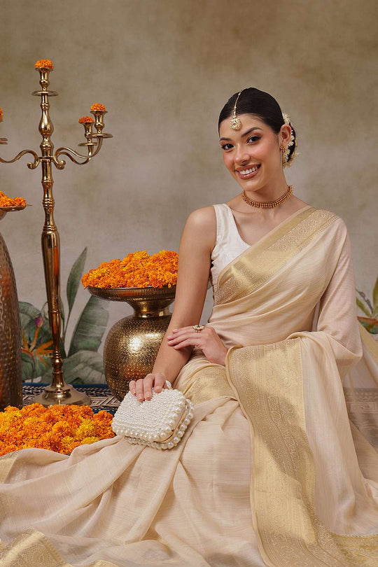 Prisha Beige Georgette Woven Ready to Wear One Minute Saree