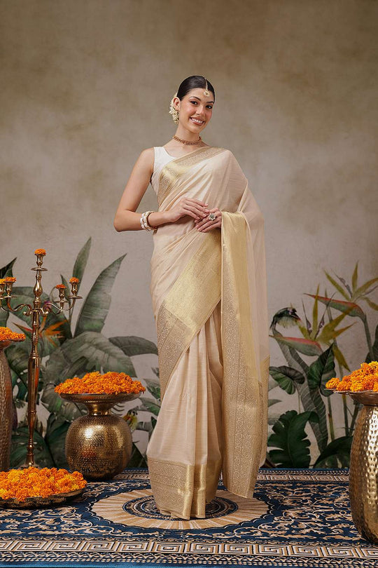 Prisha Beige Georgette Woven Ready to Wear One Minute Saree
