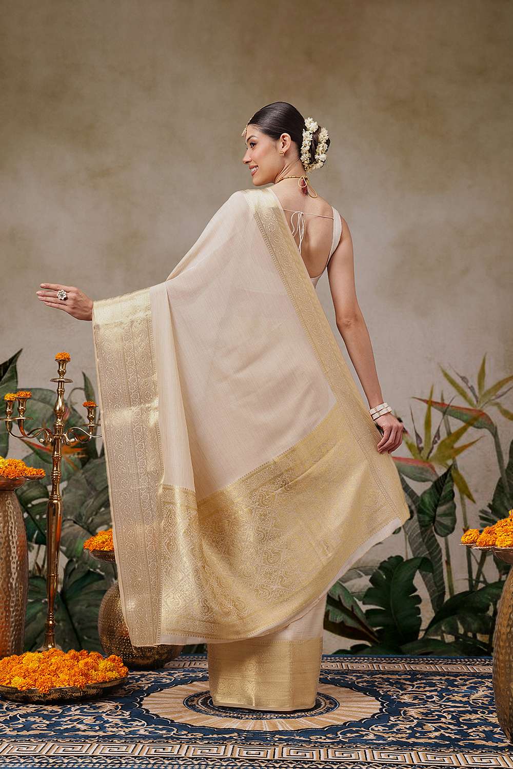 Prisha Beige Georgette Woven Ready to Wear One Minute Saree