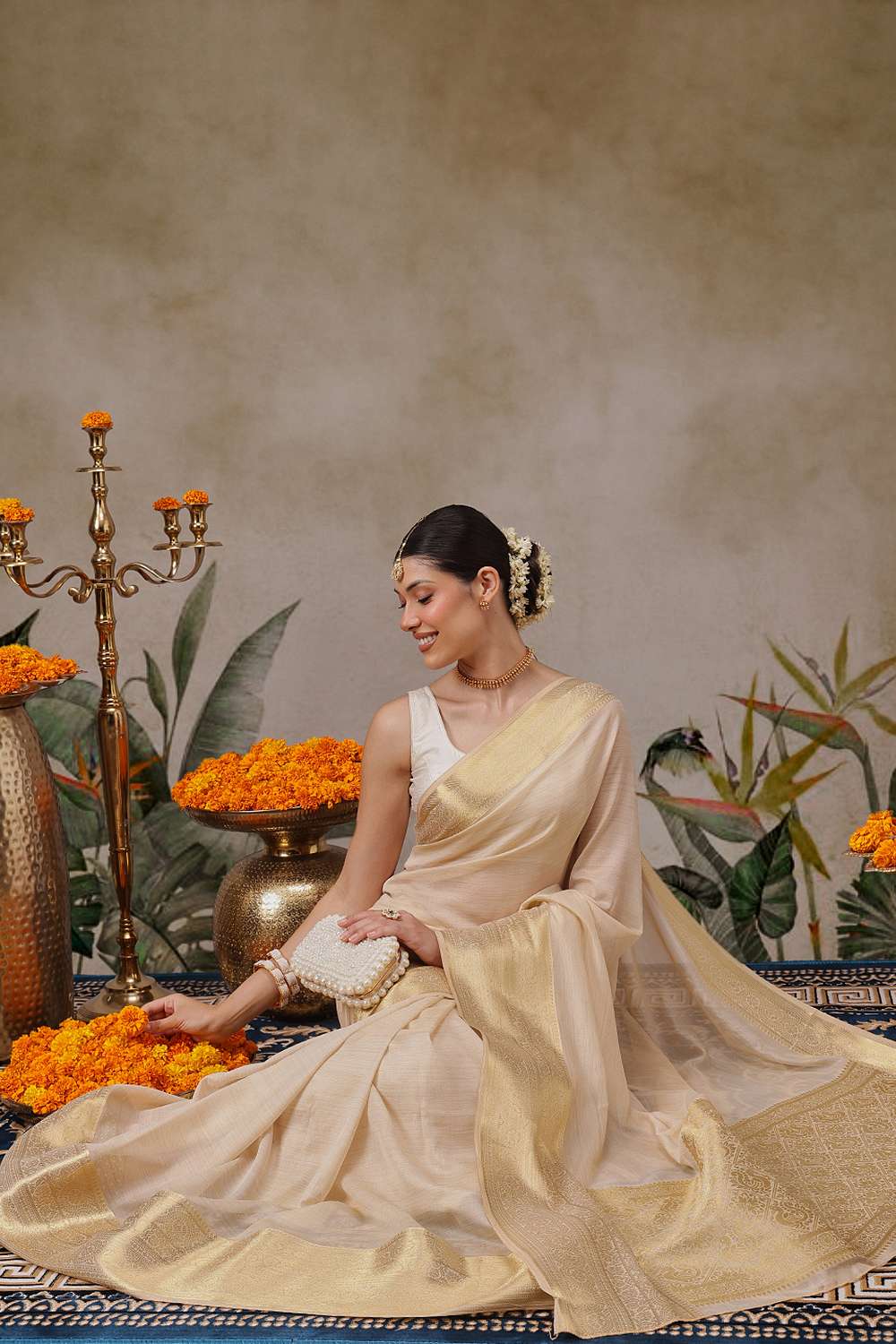 Prisha Beige Georgette Woven Ready to Wear One Minute Saree