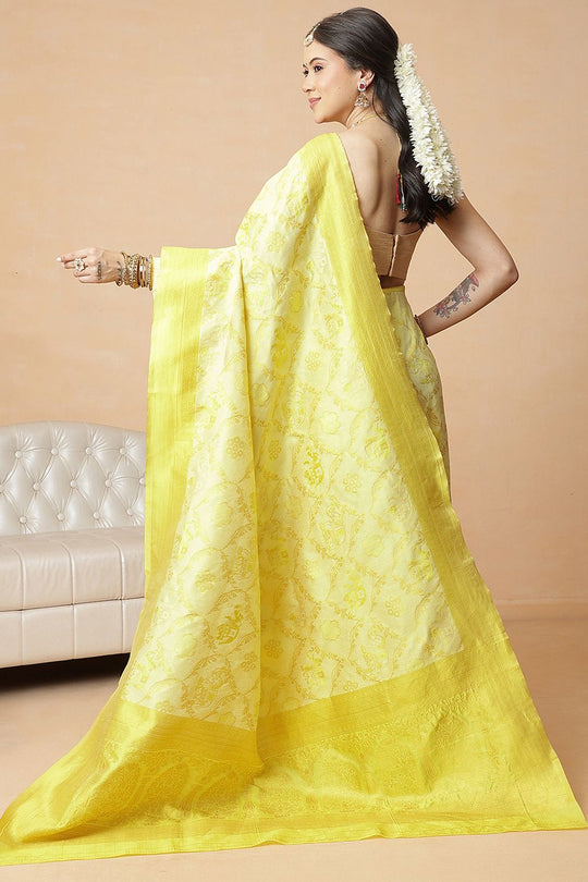 Apple Yellow Cotton Silk Floral Woven Ready to Wear Saree