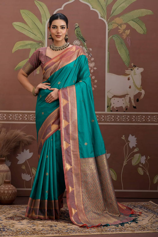 Tessa Teal Green Silk Woven With Zari Work Ready to Wear Saree