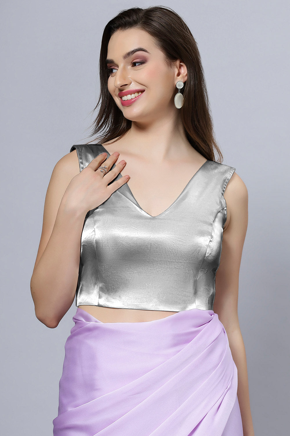 Ana Silver Satin Comfort Stretch Deep V Sleeveless Blouse with Bow
