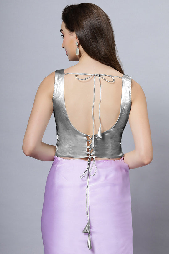 Reema Silver Satin Comfort Stretch Deep U Adjustable Tie Back Blouse