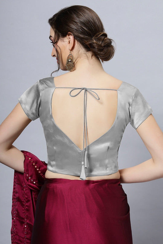 Mena Silver Satin Comfort Stretch Leaf Neck Short Sleeve Blouse