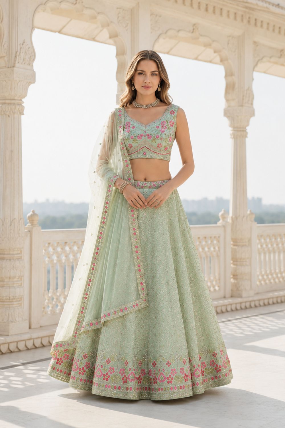 Anushka Pastel Mint Green Georgette Zari Sequin Embroidery Ready to Wear Lehenga Saree