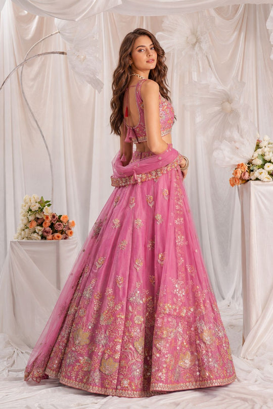 Meena Pink Zari &amp; Floral Sequins Lehenga Saree