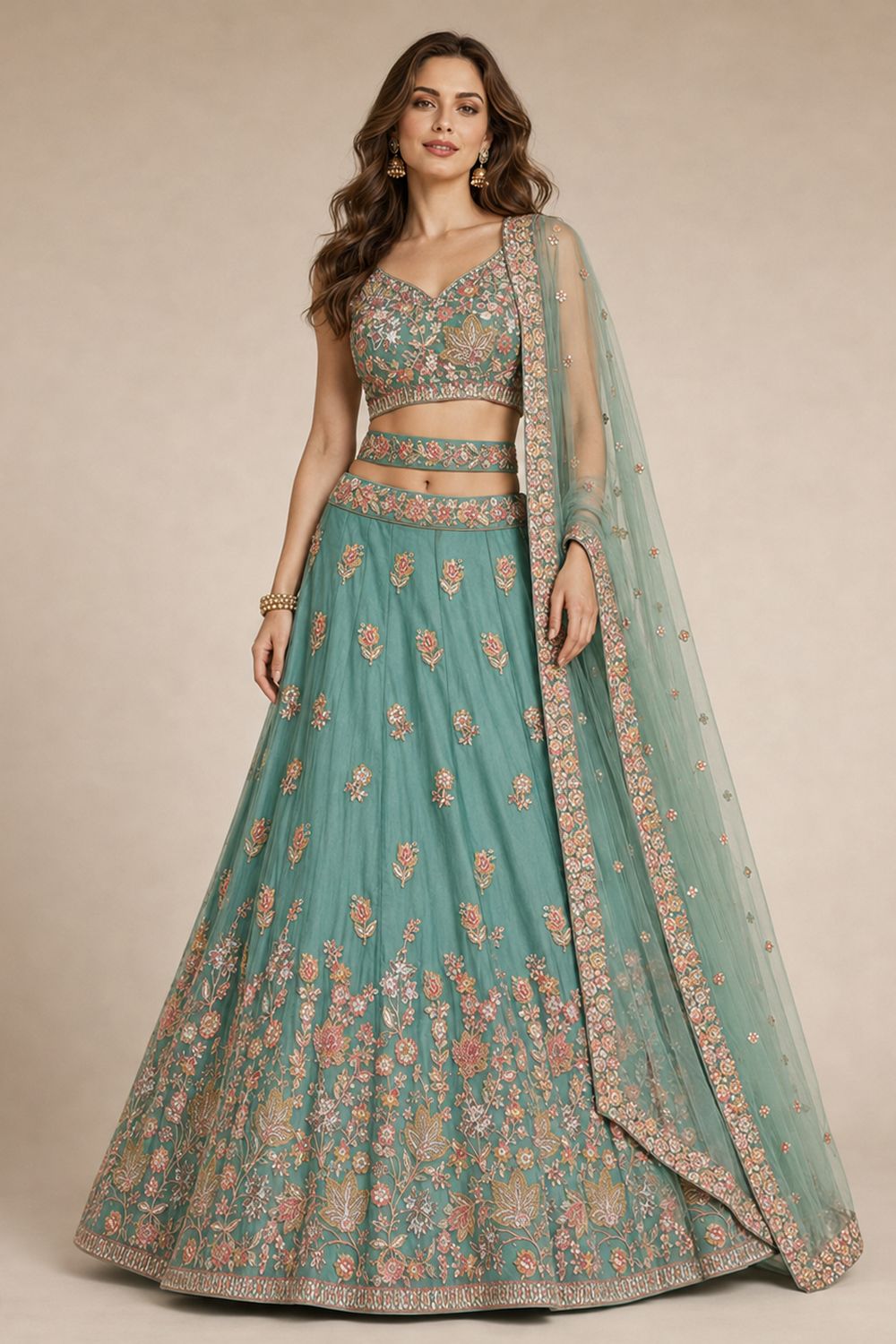 Meena Sea Green Zari & Floral Embroidered Ready to Wear Lehenga Saree