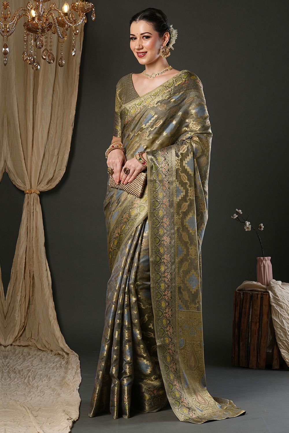 Natalia Olive Organza Woven Design Zari Work Ready To Wear One Minute Saree