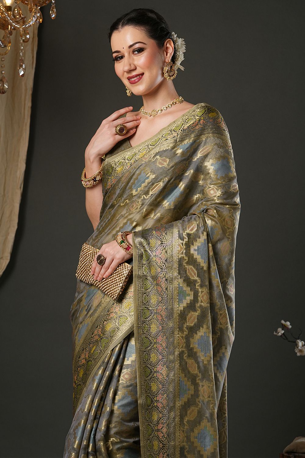 Natalia Olive Organza Woven Design Zari Work Ready To Wear One Minute Saree