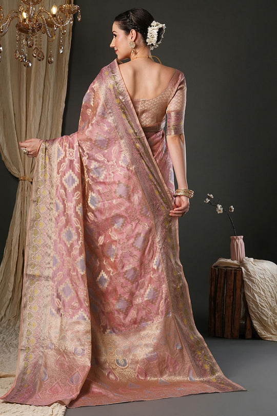 Natalia Pink Organza Woven Design Zari Work Ready To Wear One Minute Saree