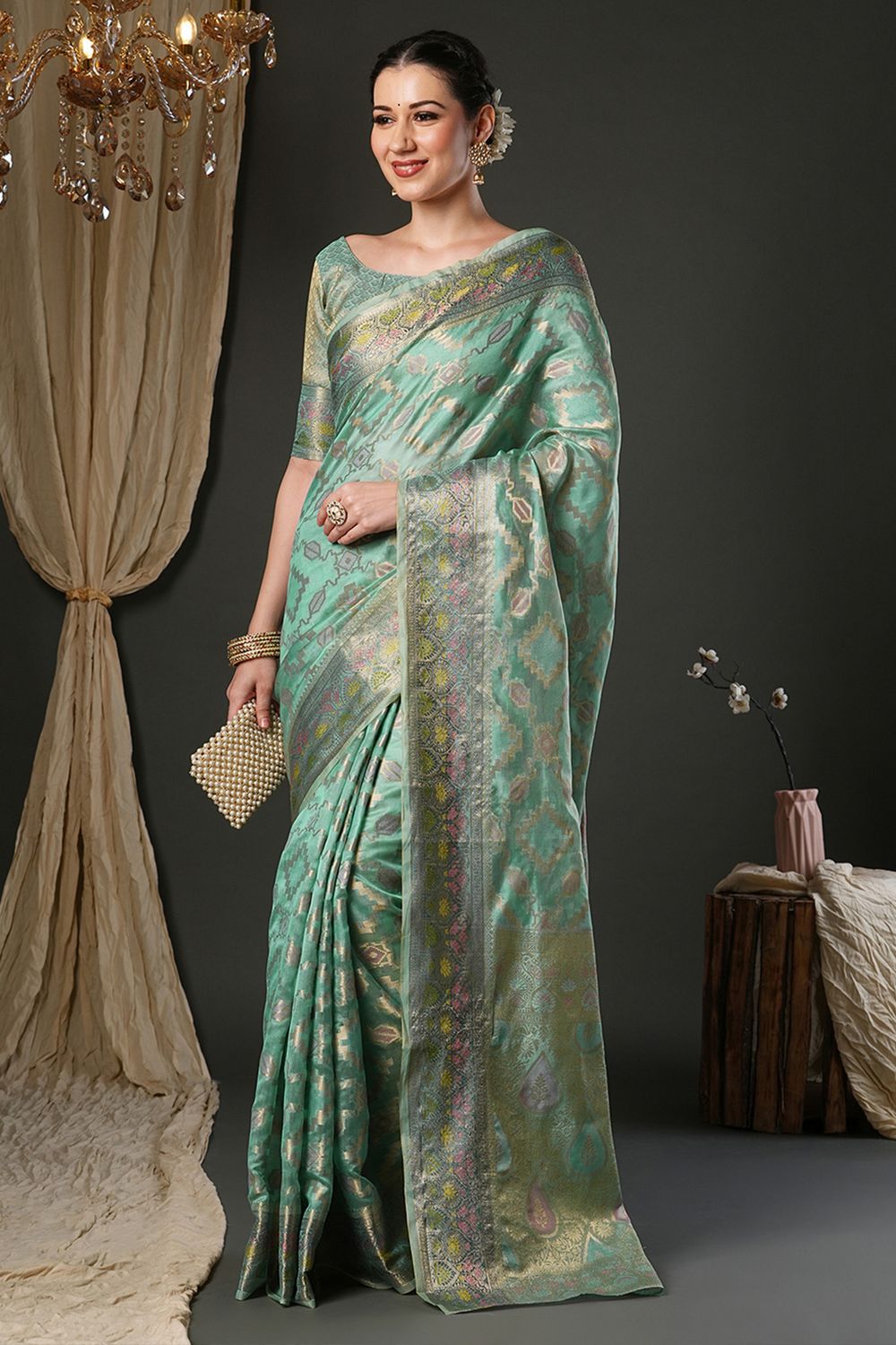 Natalia Mint Green Organza Woven Design Zari Work Ready To Wear One Minute Saree