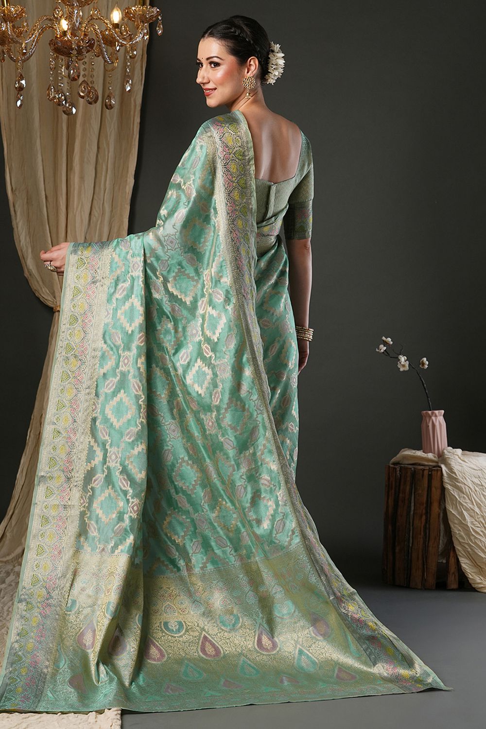 Natalia Mint Green Organza Woven Design Zari Work Ready To Wear One Minute Saree