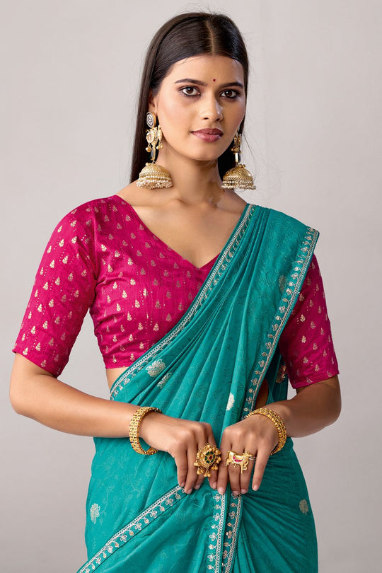 Sandie Teal Green Silk Floral Woven Ready to Wear Saree