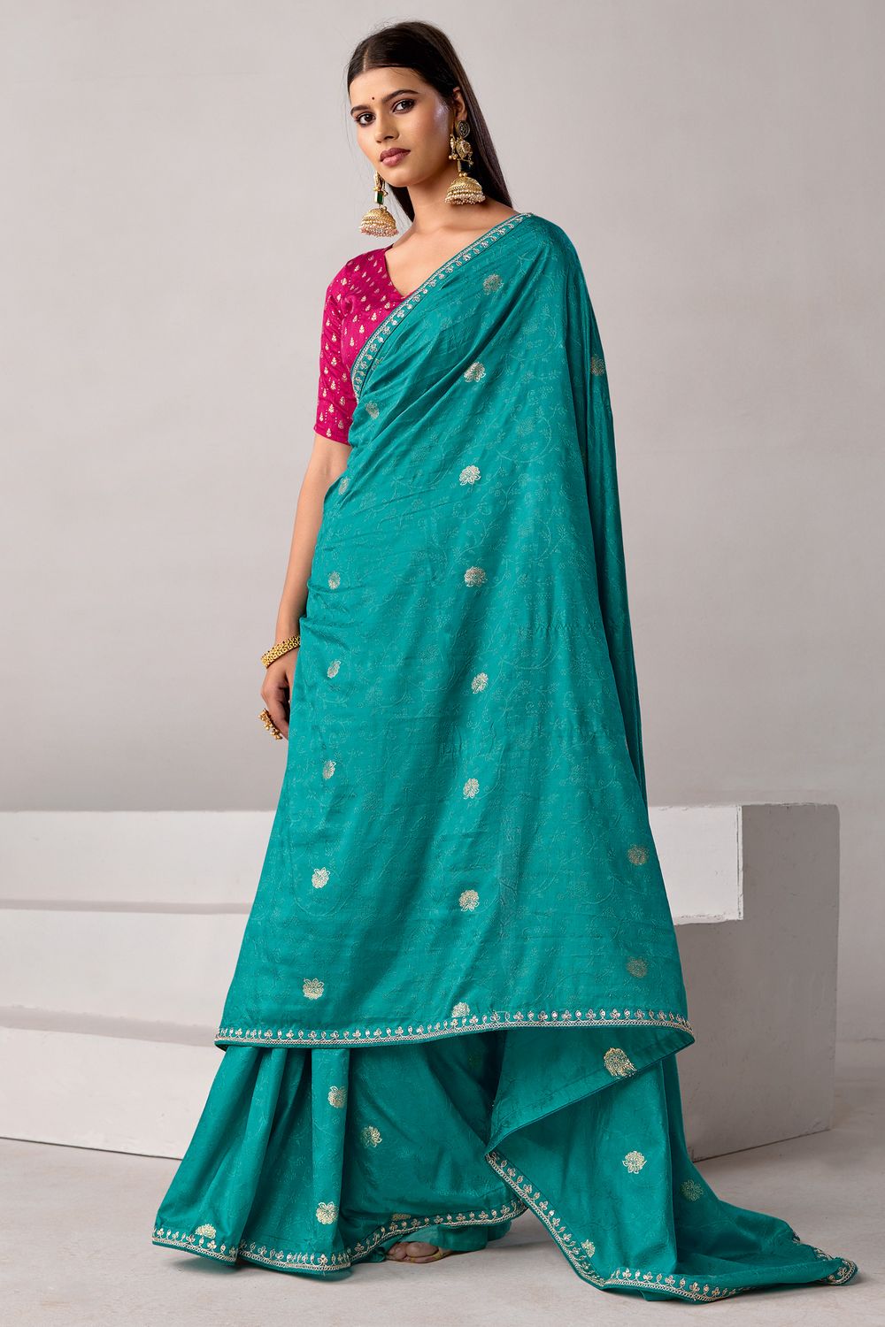 Sandie Teal Green Silk Floral Woven Ready to Wear Saree